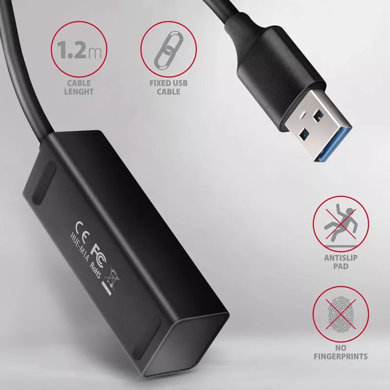 Axagon HUE-M1AL 4x USB 3.2 Gen 1 MINI hub, metal, 1.2m USB-A kabel