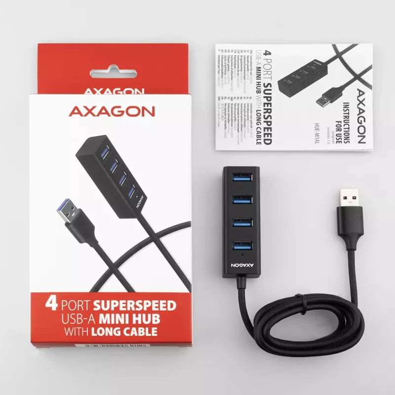 Axagon HUE-M1AL 4x USB 3.2 Gen 1 MINI hub, metal, 1.2m USB-A kabel