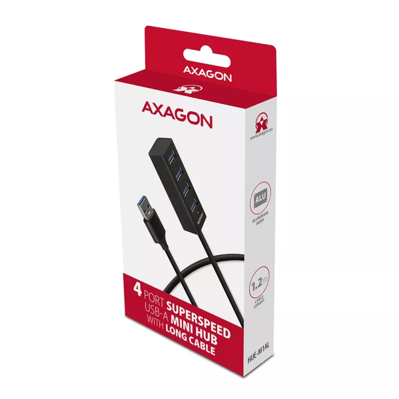 Axagon HUE-M1AL 4x USB 3.2 Gen 1 MINI hub, metal, 1.2m USB-A kabel