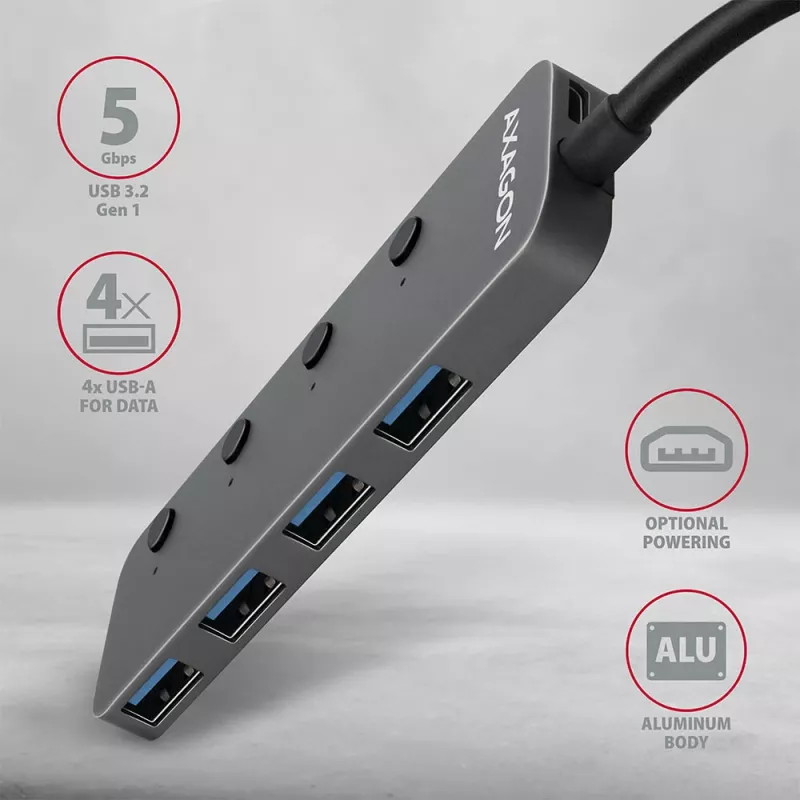 Axagon HUE-MSA Superszybki przełącznik USB-A Hub 4x USB 3.0 Active - 20cm Czarny USB 3.2 Gen 1 (3.1 Gen 1) Type-A 5000 Mbit/s Szary
