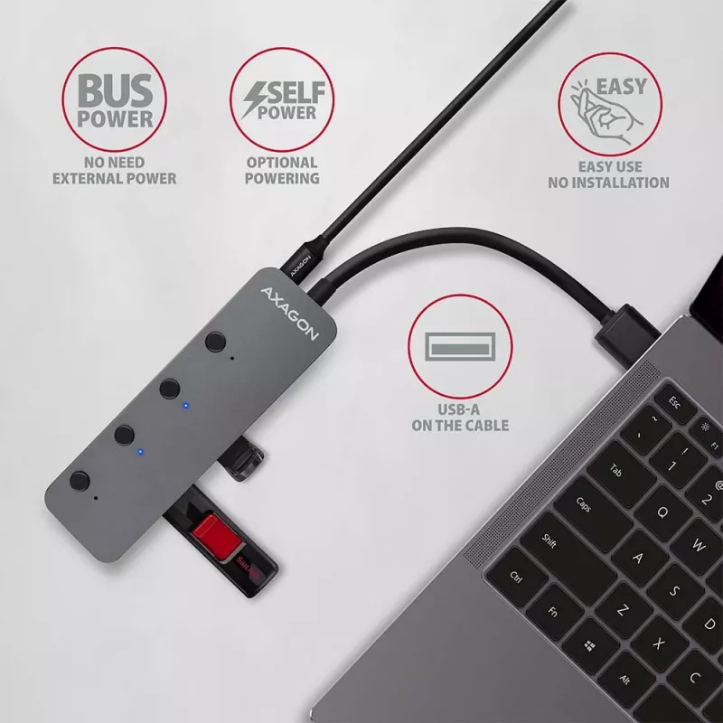 Axagon HUE-MSA Superszybki przełącznik USB-A Hub 4x USB 3.0 Active - 20cm Czarny USB 3.2 Gen 1 (3.1 Gen 1) Type-A 5000 Mbit/s Szary