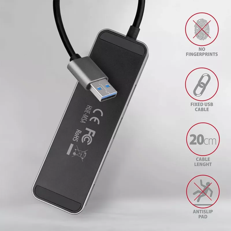Axagon HUE-MSA Superszybki przełącznik USB-A Hub 4x USB 3.0 Active - 20cm Czarny USB 3.2 Gen 1 (3.1 Gen 1) Type-A 5000 Mbit/s Szary