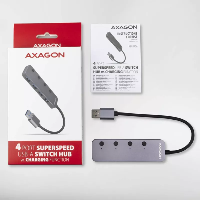 Axagon HUE-MSA Superszybki przełącznik USB-A Hub 4x USB 3.0 Active - 20cm Czarny USB 3.2 Gen 1 (3.1 Gen 1) Type-A 5000 Mbit/s Szary