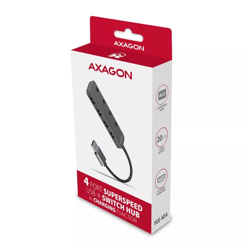 Axagon HUE-MSA Superszybki przełącznik USB-A Hub 4x USB 3.0 Active - 20cm Czarny USB 3.2 Gen 1 (3.1 Gen 1) Type-A 5000 Mbit/s Szary