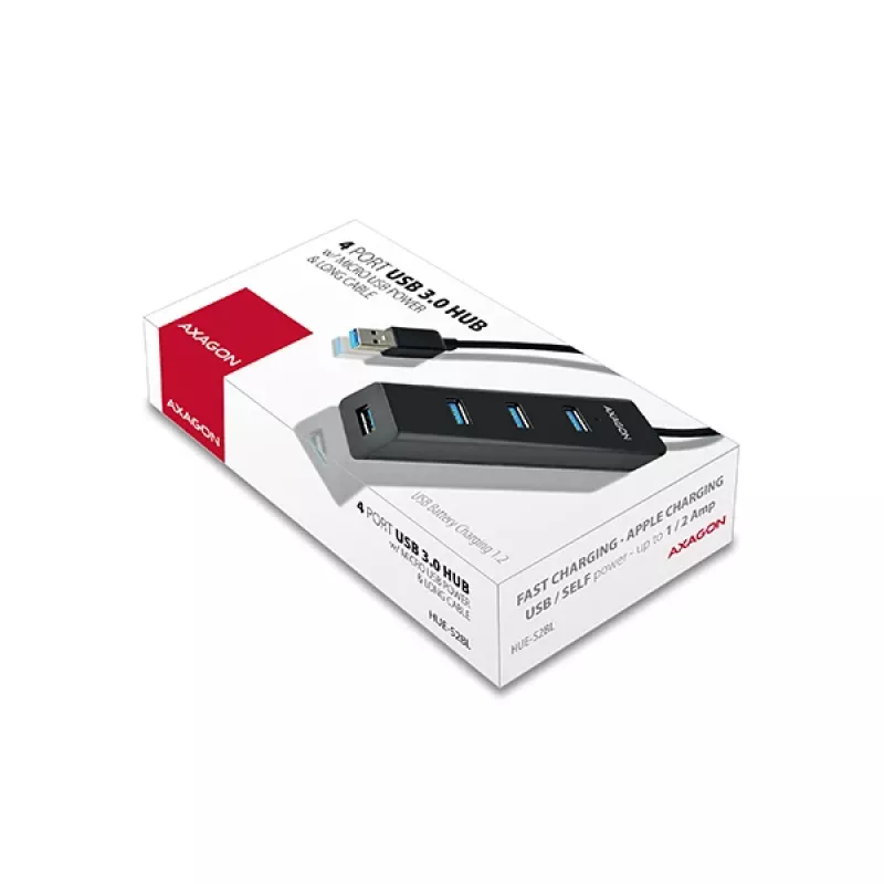 Axagon HUE-S2BL 4x USB 3.0 HUB ŁADUJĄCY z kablem 1,2 m, zasilanie micro USB