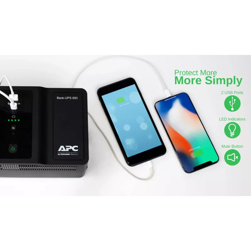 APC Back-UPS BE850G2-GR - Zasilanie awaryjne 8 gniazd, 850VA, 2 ładowarki USB, 1 port danych USB