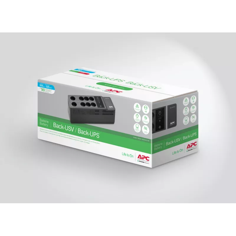 APC Back-UPS BE850G2-GR - Zasilanie awaryjne 8 gniazd, 850VA, 2 ładowarki USB, 1 port danych USB