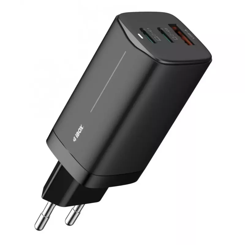 Ładowarka sieciowa do urządzeń mobilnych IBOX ILUC65B — 65 W, 3x USB (2x USB‑A Gen1, 1x USB‑C), czarna, 100–240 V