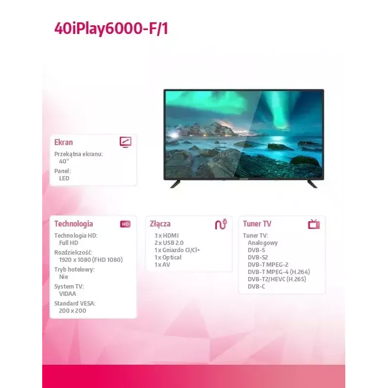 Telewizor LED Allview 40iPlay6000-F/1 40 cali (101 cm) FHD, VIDAA, Wi‑Fi, HDMI, USB, czarny
