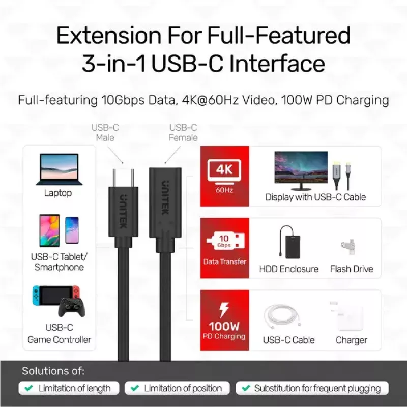 Kabel USB-C na USB-C Unitek C14086BK-1.5M — USB 3.2 Gen 2, 10 Gbit/s, 5 m, czarny