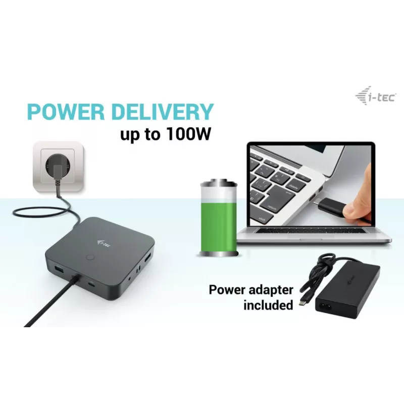 Stacja dokująca i-tec USB-C HDMI Dual DP z zasilaniem Power Delivery 100 W + uniwersalna ładowarka 100 W