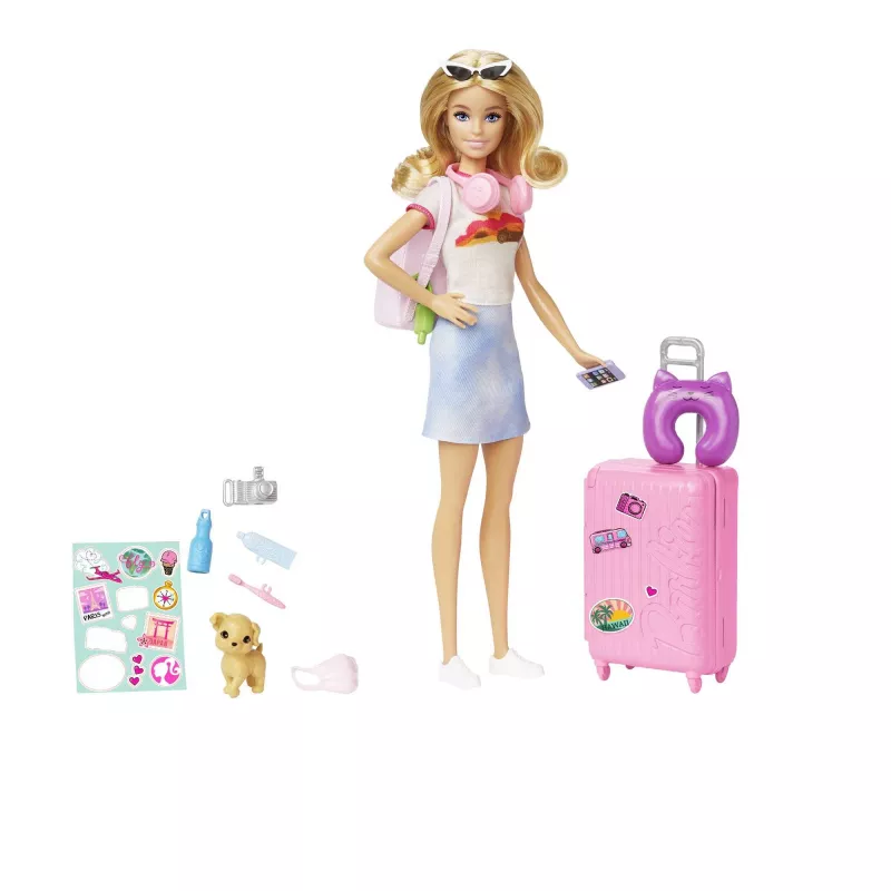 Barbie Dreamhouse Adventures Lalka i akcesoria, zestaw podróżny „Malibu” ze szczeniakiem i ponad 10 elementami, w tym działająca walizka
