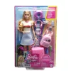 Barbie Dreamhouse Adventures Lalka i akcesoria, zestaw podróżny „Malibu” ze szczeniakiem i ponad 10 elementami, w tym działająca walizka