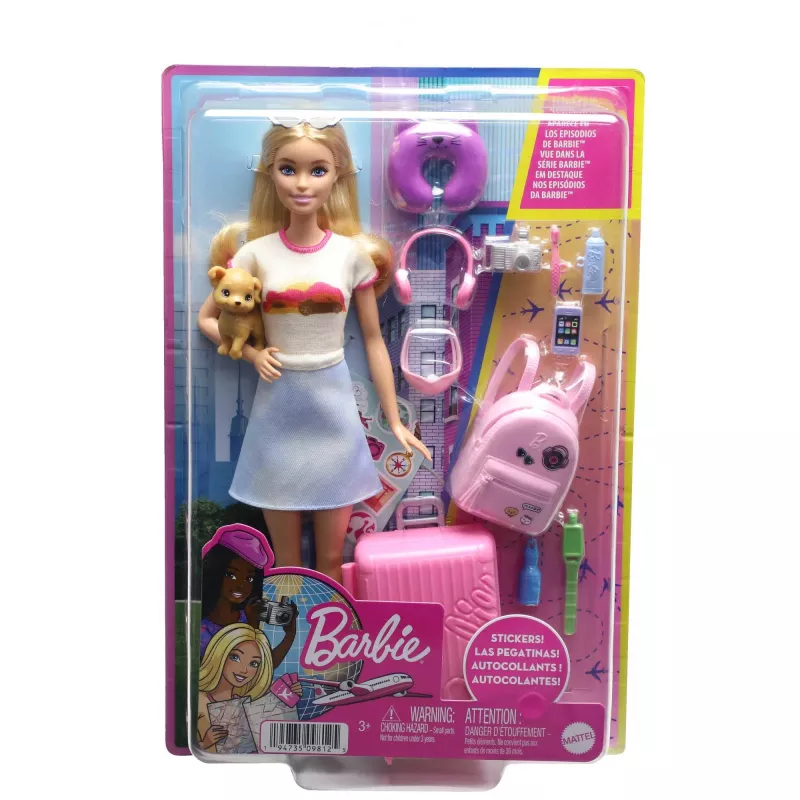 Barbie Dreamhouse Adventures Lalka i akcesoria, zestaw podróżny „Malibu” ze szczeniakiem i ponad 10 elementami, w tym działająca walizka