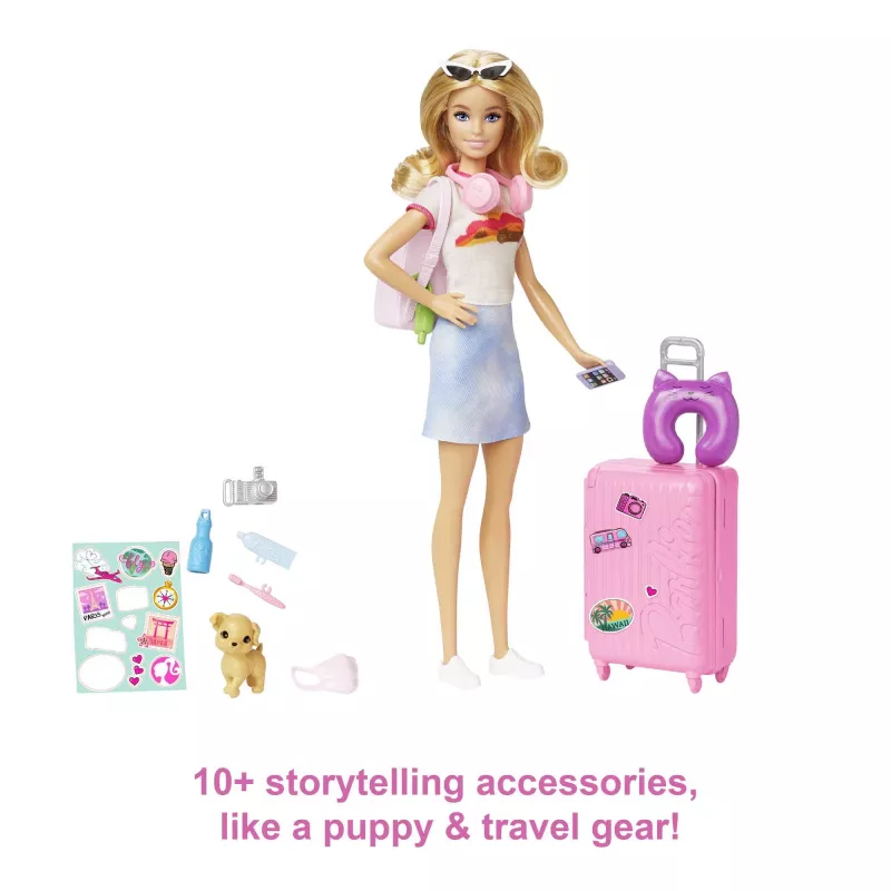 Barbie Dreamhouse Adventures Lalka i akcesoria, zestaw podróżny „Malibu” ze szczeniakiem i ponad 10 elementami, w tym działająca walizka