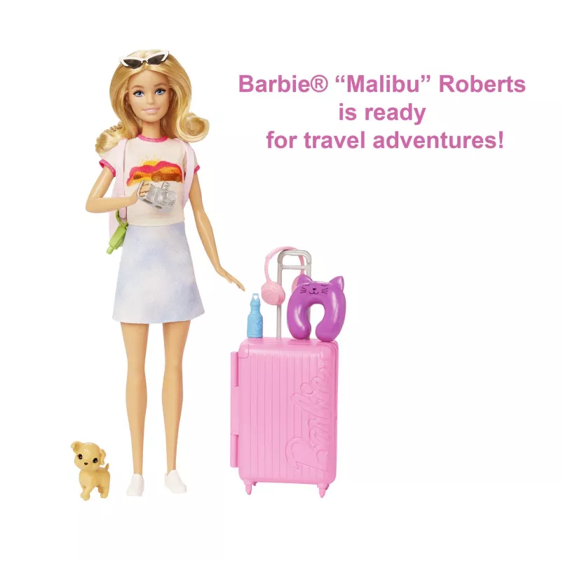 Barbie Dreamhouse Adventures Lalka i akcesoria, zestaw podróżny „Malibu” ze szczeniakiem i ponad 10 elementami, w tym działająca walizka