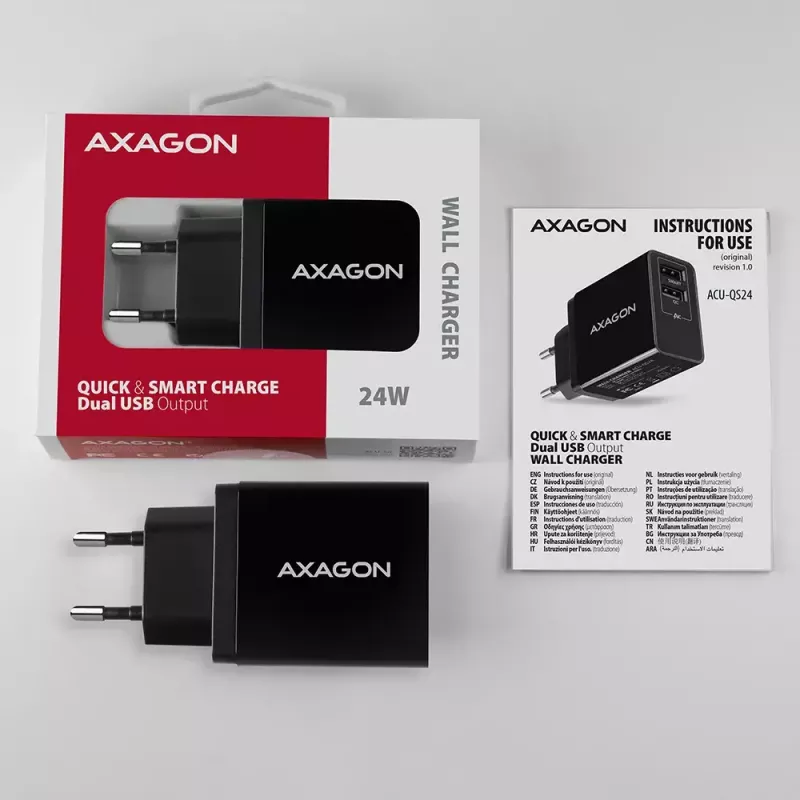 Ładowarka ścienna AXAGON ACU-QS24 QUICK and SMART, 2x port USB QC3.0/AFC/FCP + 5V-1,2A, 24W