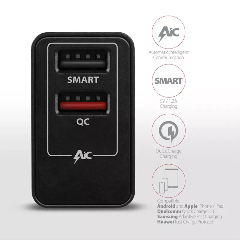 Ładowarka ścienna AXAGON ACU-QS24 QUICK and SMART, 2x port USB QC3.0/AFC/FCP + 5V-1,2A, 24W