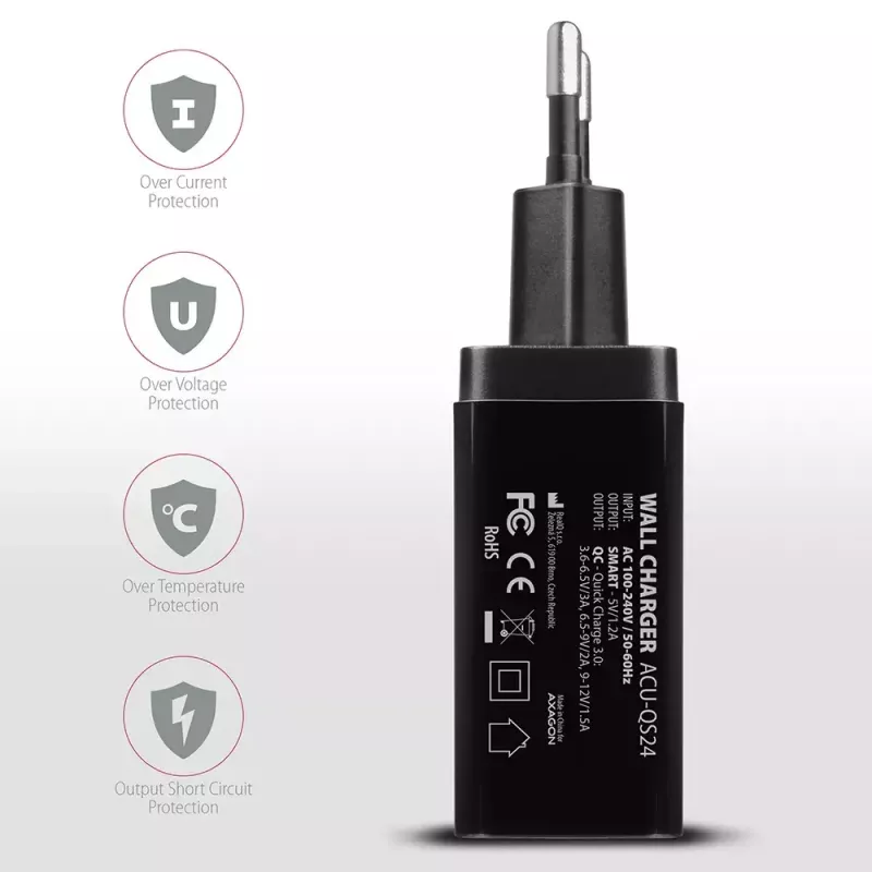 Ładowarka ścienna AXAGON ACU-QS24 QUICK and SMART, 2x port USB QC3.0/AFC/FCP + 5V-1,2A, 24W