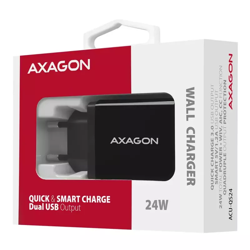 Ładowarka ścienna AXAGON ACU-QS24 QUICK and SMART, 2x port USB QC3.0/AFC/FCP + 5V-1,2A, 24W