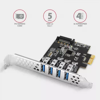 Karta PCIe Axagon PCEU-43RS - 4 porty USB 5 Gb/s, podwójne zasilanie, Renesas PD720201, SP i LP
