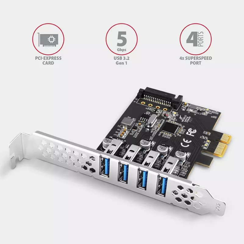 Karta PCIe Axagon PCEU-43RS - 4 porty USB 5 Gb/s, podwójne zasilanie, Renesas PD720201, SP i LP
