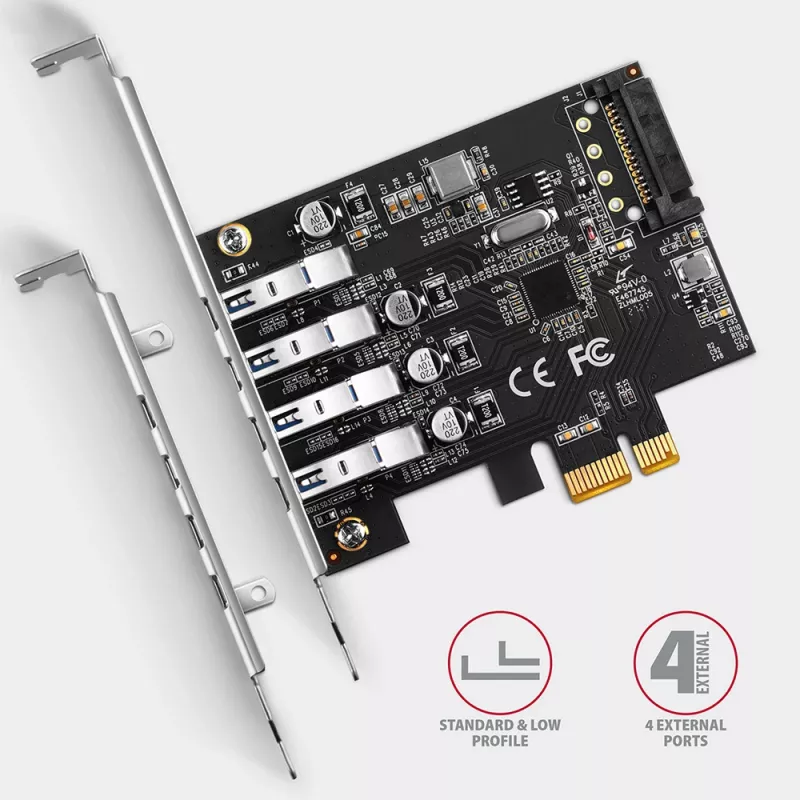 Karta PCIe Axagon PCEU-43RS - 4 porty USB 5 Gb/s, podwójne zasilanie, Renesas PD720201, SP i LP