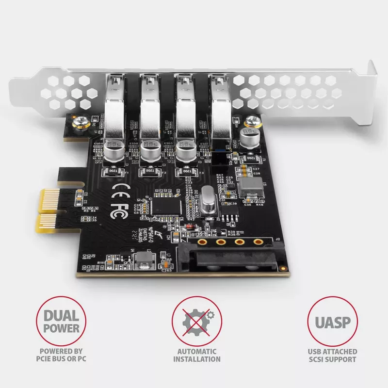 Karta PCIe Axagon PCEU-43RS - 4 porty USB 5 Gb/s, podwójne zasilanie, Renesas PD720201, SP i LP