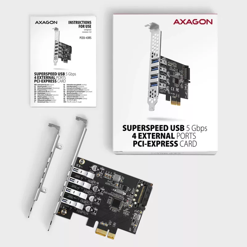 Karta PCIe Axagon PCEU-43RS - 4 porty USB 5 Gb/s, podwójne zasilanie, Renesas PD720201, SP i LP