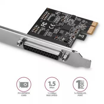 Axagon PCEA-P1N PCIe - adapter 1x port równoległy z SP i LP, PCIe, równoległy, żeński, pełna wysokość / niskoprofilowy, PCIe 2.0, Chiny