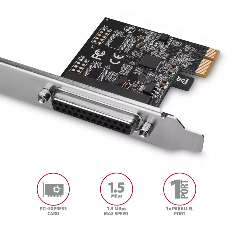 Axagon PCEA-P1N PCIe - adapter 1x port równoległy z SP i LP, PCIe, równoległy, żeński, pełna wysokość / niskoprofilowy, PCIe 2.0, Chiny