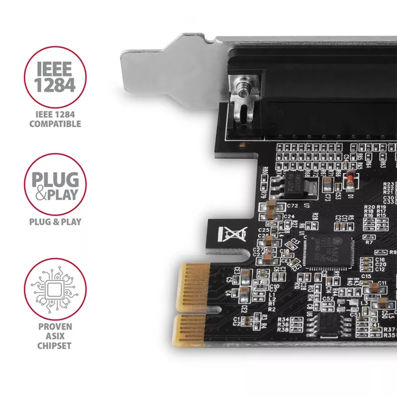 Axagon PCEA-P1N PCIe - adapter 1x port równoległy z SP i LP, PCIe, równoległy, żeński, pełna wysokość / niskoprofilowy, PCIe 2.0, Chiny