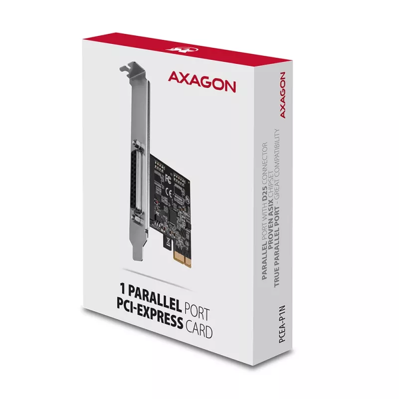 Axagon PCEA-P1N PCIe - adapter 1x port równoległy z SP i LP, PCIe, równoległy, żeński, pełna wysokość / niskoprofilowy, PCIe 2.0, Chiny