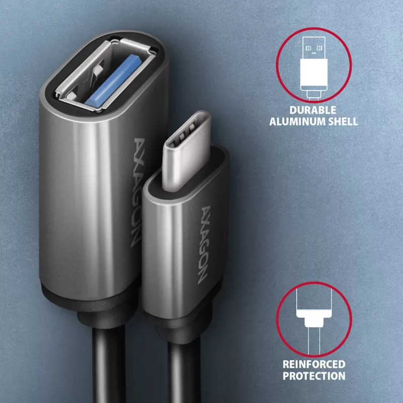 Axagon RUCM-AFAC przejściówka kablowa USB-C (M) -> USB-A (F), 20cm, USB 3.2 Gen 1, 3A, ALU