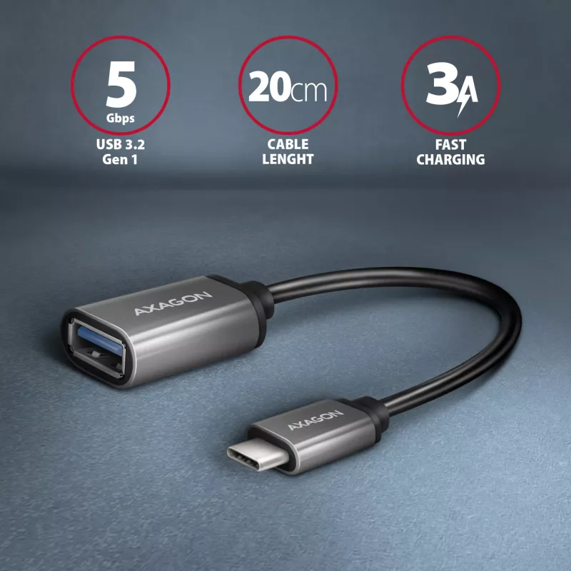 Axagon RUCM-AFAC przejściówka kablowa USB-C (M) -> USB-A (F), 20cm, USB 3.2 Gen 1, 3A, ALU