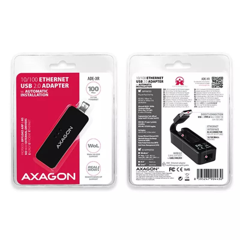 AXAGON ADE-XR adapter USB 2.0 Type-A na Fast Ethernet 10/100, RJ-45, Realtek RTL8152, czarny, 23 g