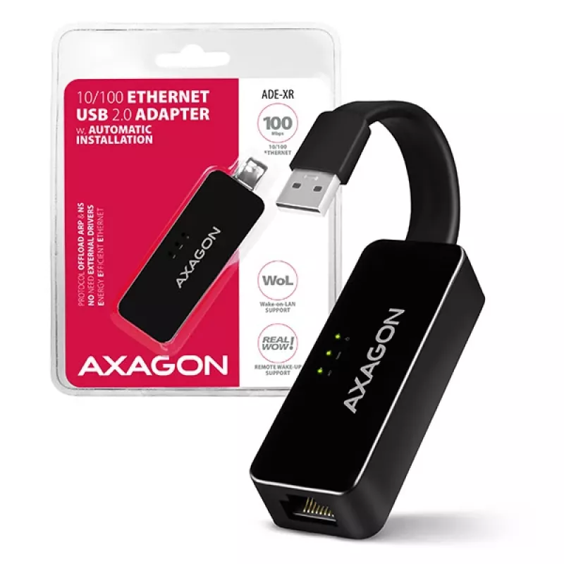 AXAGON ADE-XR adapter USB 2.0 Type-A na Fast Ethernet 10/100, RJ-45, Realtek RTL8152, czarny, 23 g