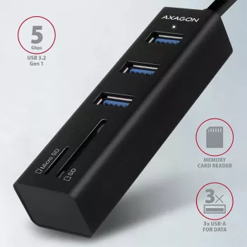 Axagon HMA-CR3A Metalowy wieloportowy hub USB 3.2 Gen 1 z trzema portami USB i czytnikiem kart