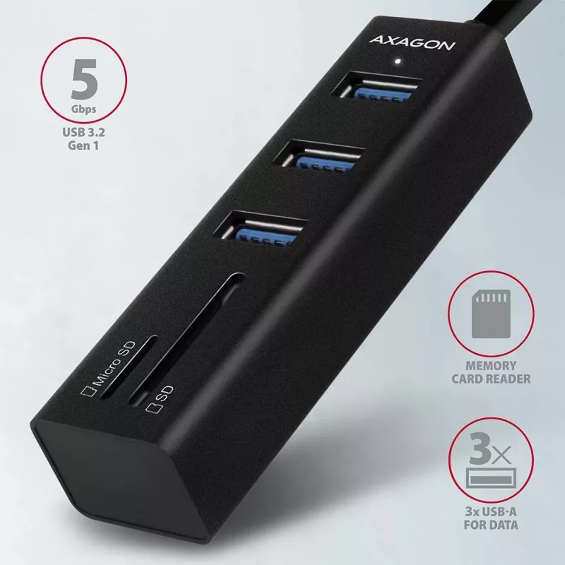 Axagon HMA-CR3A Metalowy wieloportowy hub USB 3.2 Gen 1 z trzema portami USB i czytnikiem kart