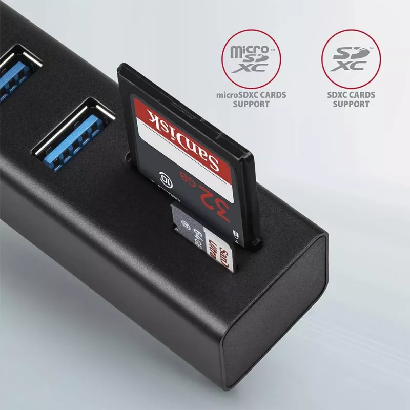 Axagon HMA-CR3A Metalowy wieloportowy hub USB 3.2 Gen 1 z trzema portami USB i czytnikiem kart