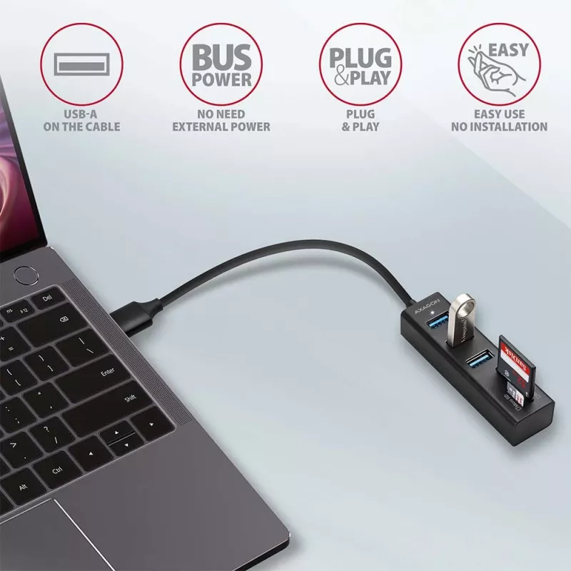 Axagon HMA-CR3A Metalowy wieloportowy hub USB 3.2 Gen 1 z trzema portami USB i czytnikiem kart
