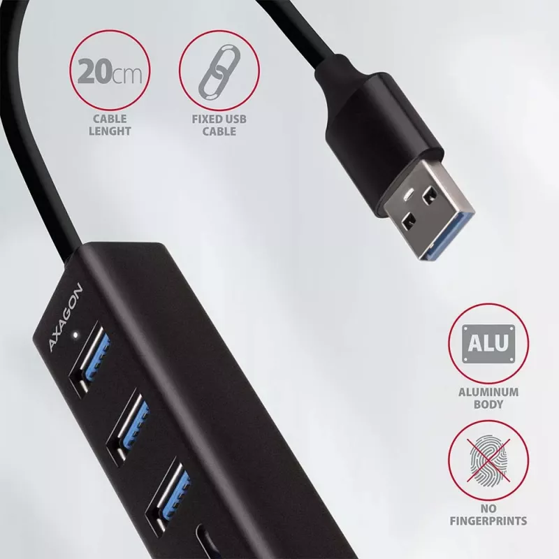 Axagon HMA-CR3A Metalowy wieloportowy hub USB 3.2 Gen 1 z trzema portami USB i czytnikiem kart