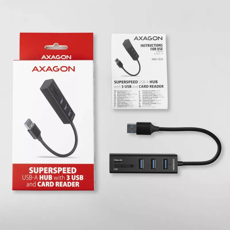 Axagon HMA-CR3A Metalowy wieloportowy hub USB 3.2 Gen 1 z trzema portami USB i czytnikiem kart