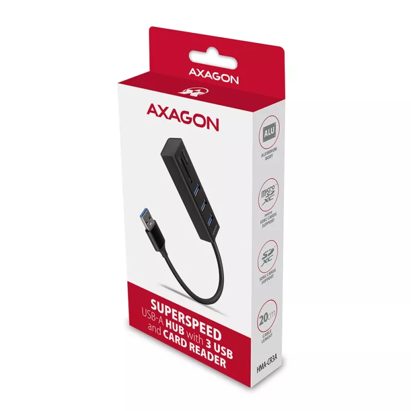 Axagon HMA-CR3A Metalowy wieloportowy hub USB 3.2 Gen 1 z trzema portami USB i czytnikiem kart