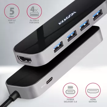 Axagon HMC-6H4A Hub USB 3.2 Gen 1, 4x USB-A, HDMI 4k/30Hz, PD 100W, kabel USB-C 20 cm