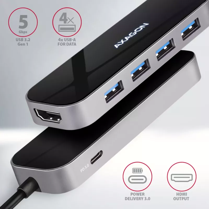 Axagon HMC-6H4A Hub USB 3.2 Gen 1, 4x USB-A, HDMI 4k/30Hz, PD 100W, kabel USB-C 20 cm