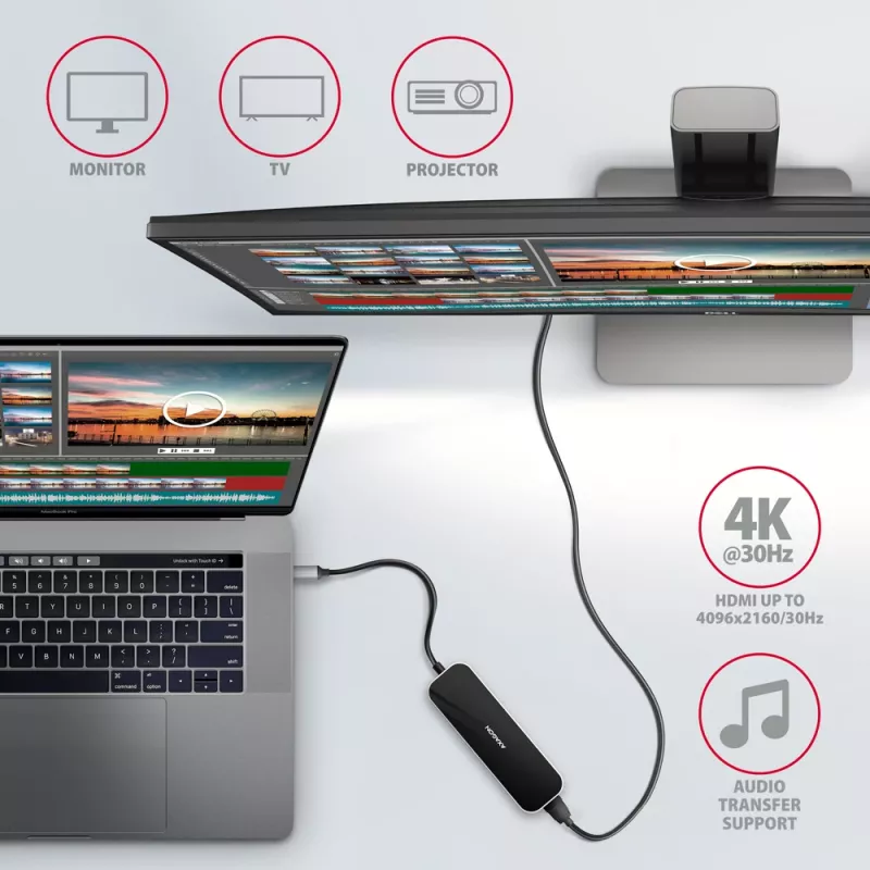 Axagon HMC-6H4A Hub USB 3.2 Gen 1, 4x USB-A, HDMI 4k/30Hz, PD 100W, kabel USB-C 20 cm