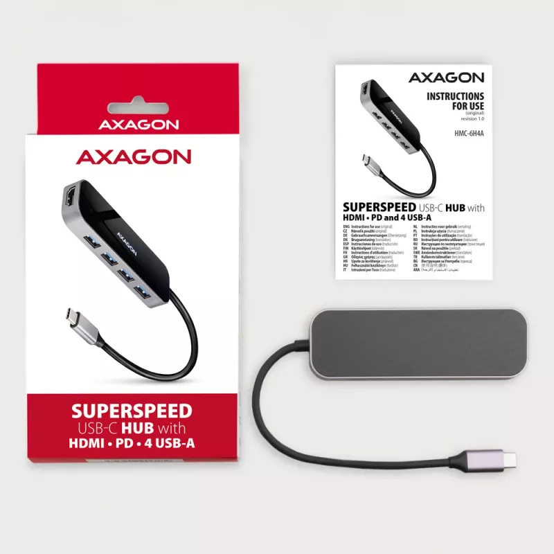 Axagon HMC-6H4A Hub USB 3.2 Gen 1, 4x USB-A, HDMI 4k/30Hz, PD 100W, kabel USB-C 20 cm