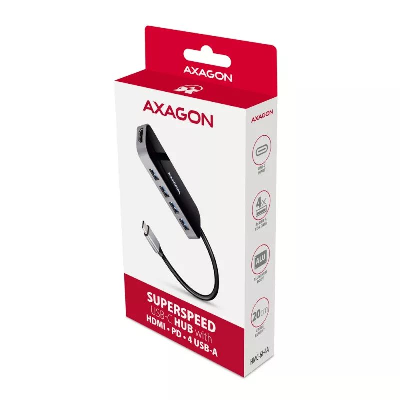 Axagon HMC-6H4A Hub USB 3.2 Gen 1, 4x USB-A, HDMI 4k/30Hz, PD 100W, kabel USB-C 20 cm