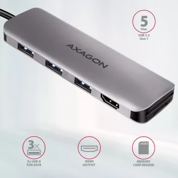 Axagon HMC-HCR3A 3x USB-A+ HDMI+ SD/microSD USB-C 3.2 Gen 1 hub 20cm Przewodowy USB 3.2 Gen 1 (3.1 Gen 1) Type-C Szary